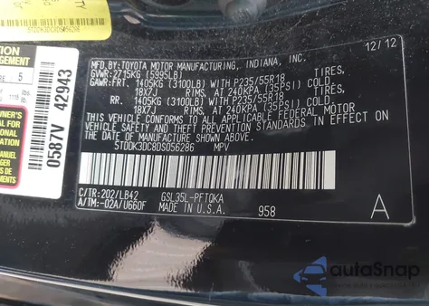 2013 Toyota Sienna Xle 7 Passenger z USA, uszkodzony, nr VIN 5TDDK3DC8DS056286